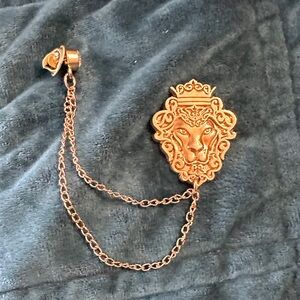 Gold Lion Head Tie Pin or Brooch with Chain